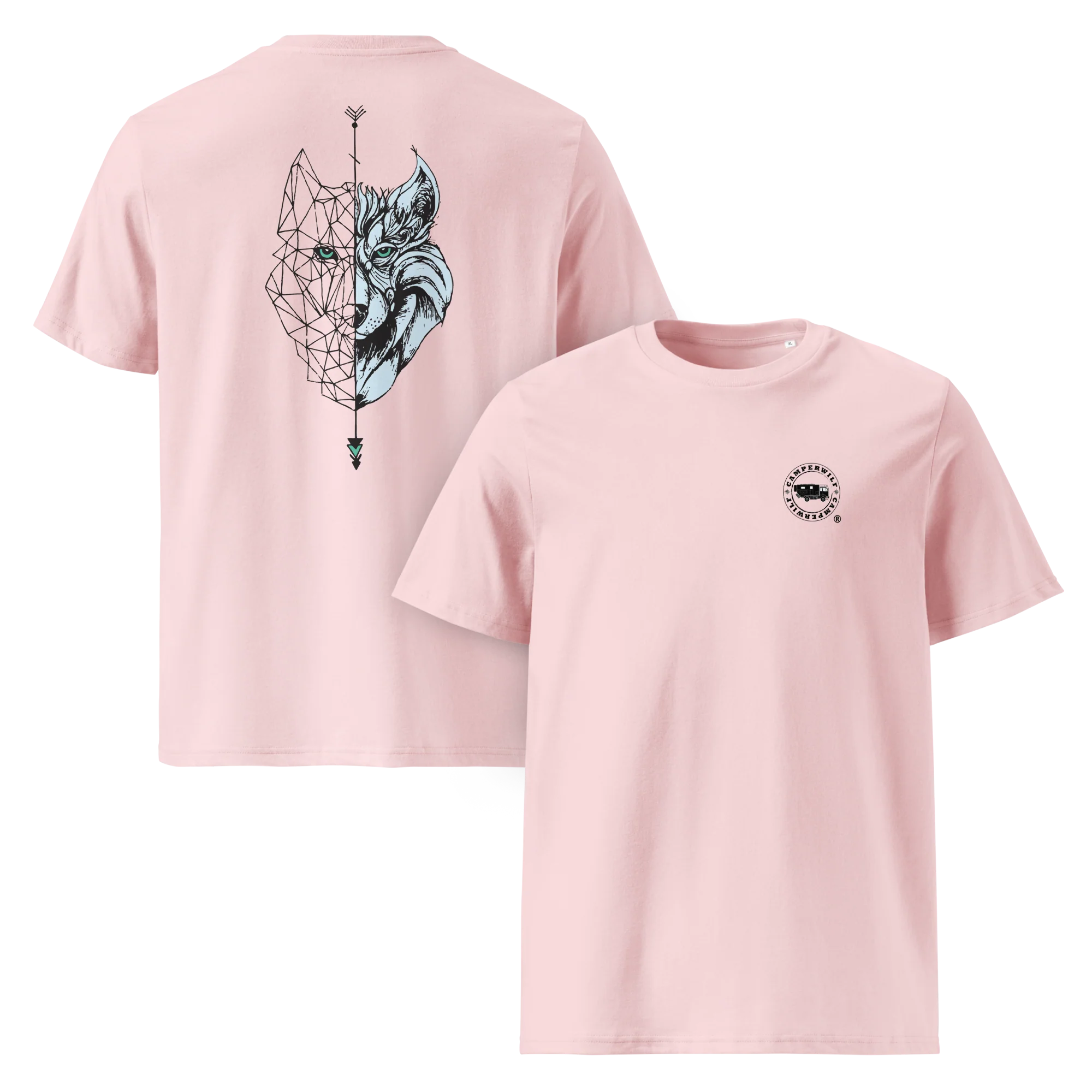Camiseta Orgánica Camperwilf® – Lobo Negro/Celeste (Color Rosa)